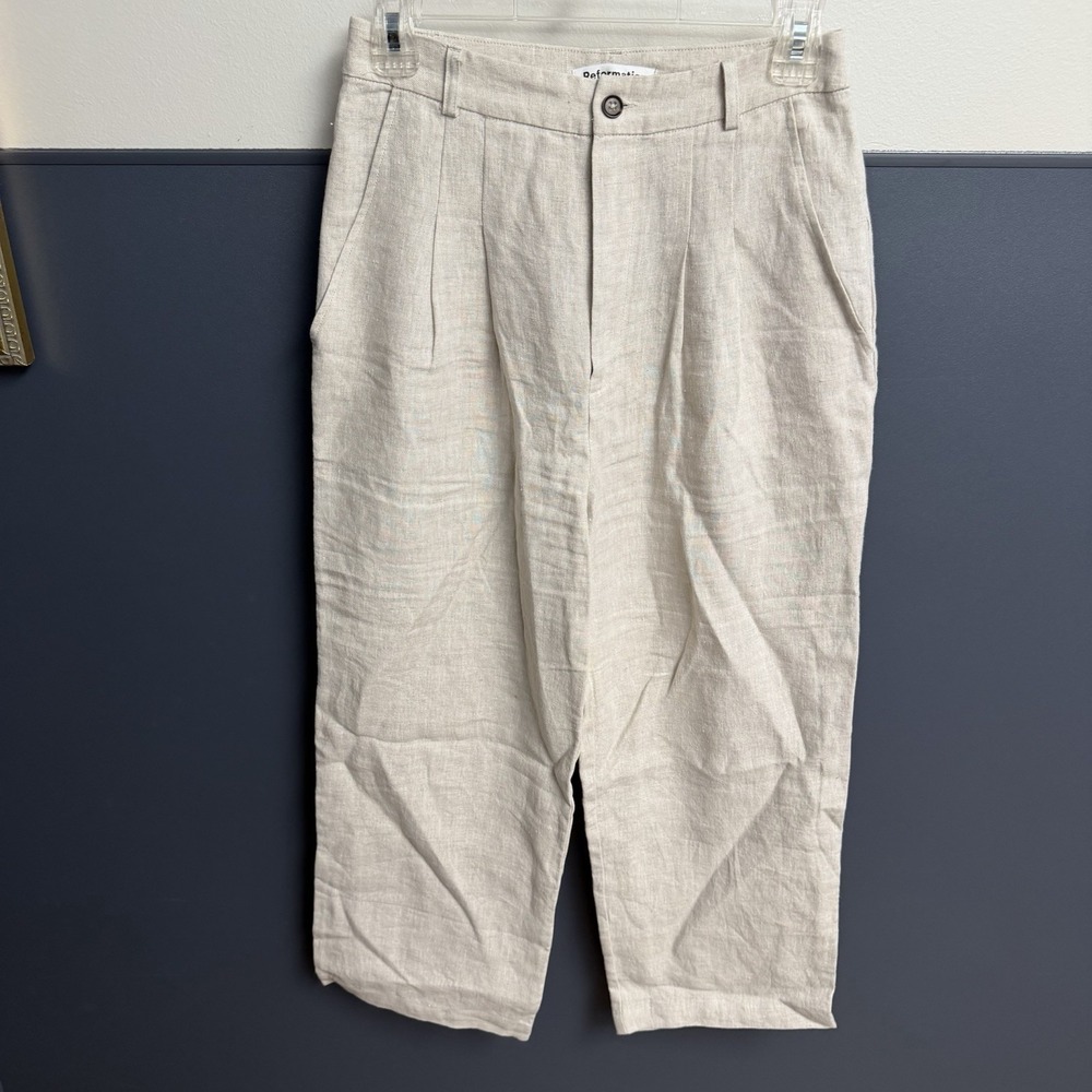REFORMATION‎ Freddie High-Rise Straight-Leg Linen Trousers Size 2 Oat Coastal